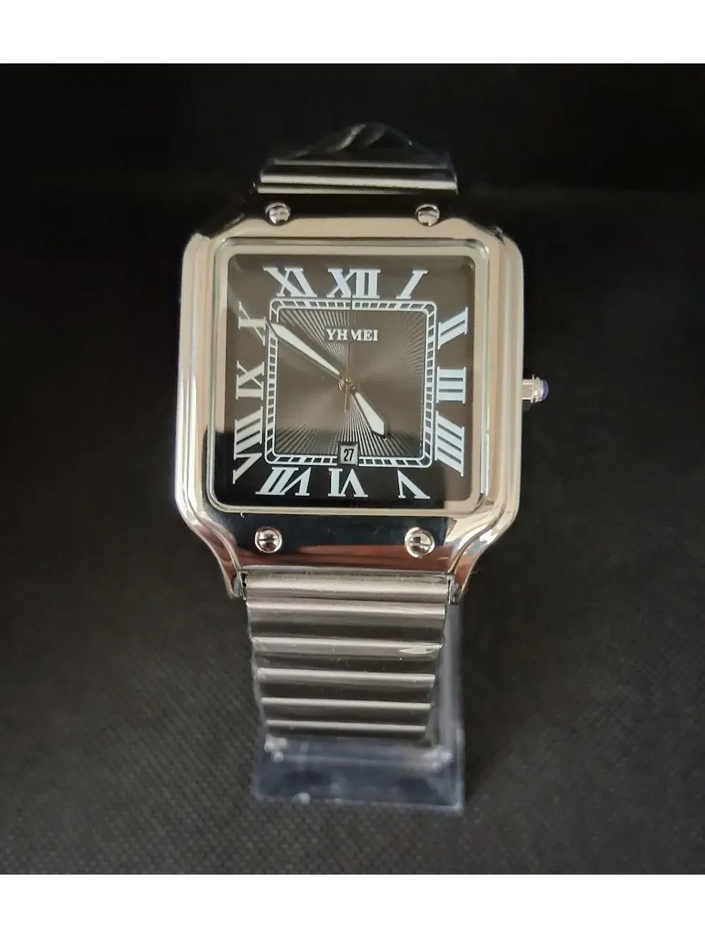 Men's Luxury Square Dial Stainless Satin Black Watch